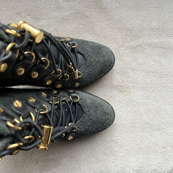 Tory Burch Hamila Dark Gray Distressed Suede Lace Up High Heel Booties Women 6.5 - Picture 8 of 16